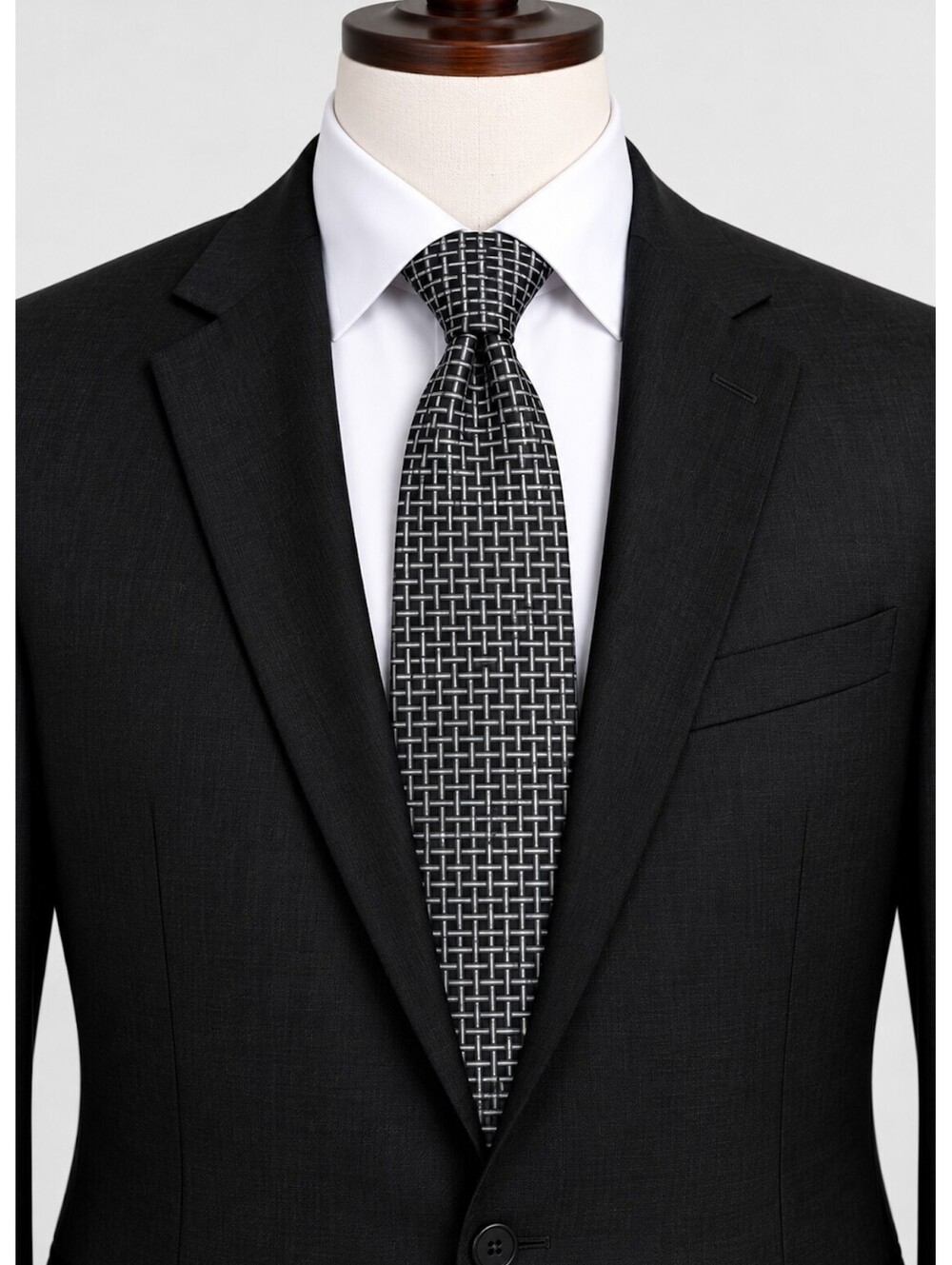 Jones New York Black Gray Geometric Woven Silk Necktie Classic Basket Weave 58”